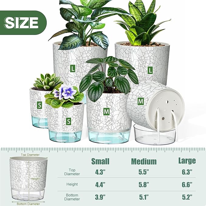 6 Pack Self Watering Pots for Indoor Plants, 4+5.5+6.3 Inch Self Watering Plant Pots Set, Flower Pots with Wick Rope and Reservoir for African Violet, Spider Plant, Orchid - Crack Texture