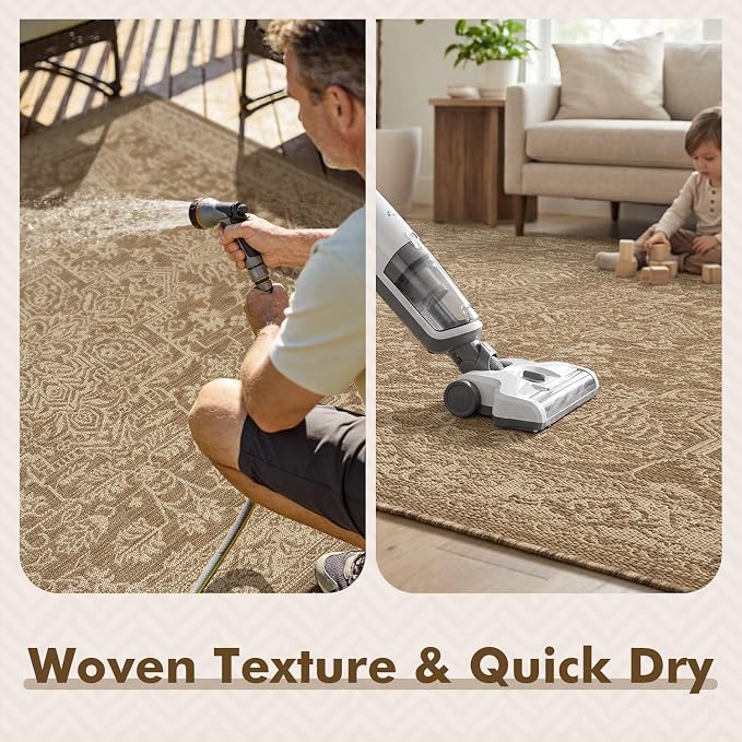 MontVoo-Outdoor Rug-Patio Rug 9x12 ft Polypropylene Indoor Outdoor Rugs Carpet for Patio Deck Balcony Porch, Textured Weave, Durable for High Traffic, Fade-Resistant, Vintage Medallion Neutral Brown