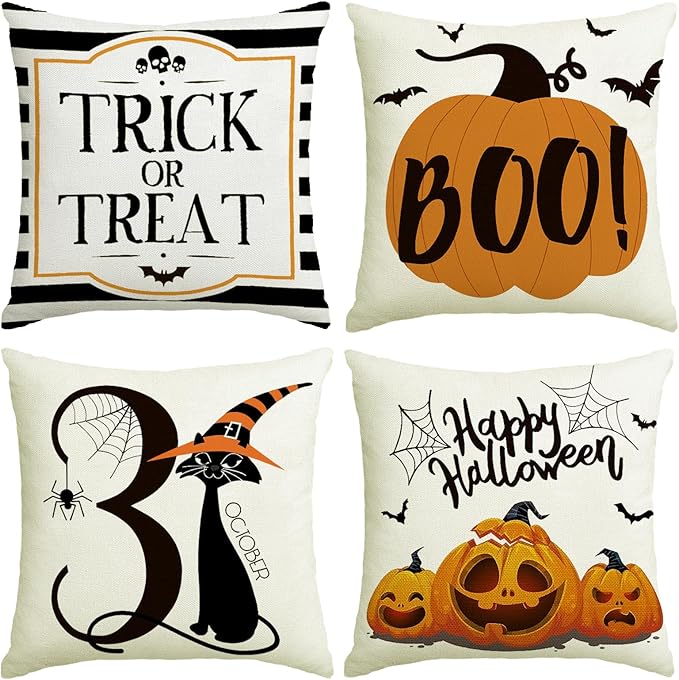 Halloween Decor Pillow Covers 18x18 Inch,Set of 4 Halloween Decoration Indoor Outdoor Throw Pillow Covers, Trick or Treat Black Striped Linen Cushion Case for Home Sofa Couch Bedroom Chair