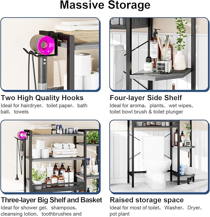 T1 Garden Tool Organizer（with Lockable Wheels） Storage UP to 50 Tools Heavy Duty 7-Tier Over The Toilet Storage（with Basket and Paper Hook） with Adjustable Feet