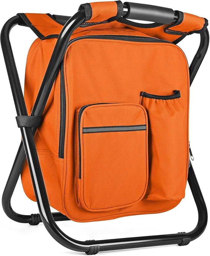 Kikerike Backpack Stool Cooler Chair Heavy Duty 300 LBS Max Load Portable Lightweight Stool Backpack Folding Fishing Cooler Seat for Camping Hunting Fishing - Orange