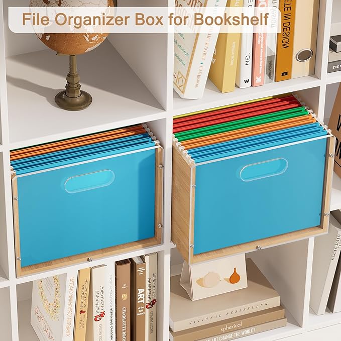 Hanging File Organizer, Clear Acrylic File Box Organizer, Bamboo Filing Box File Crate Organizer Storage Boxes, Portable Filing Folder with Handle for Letter Size