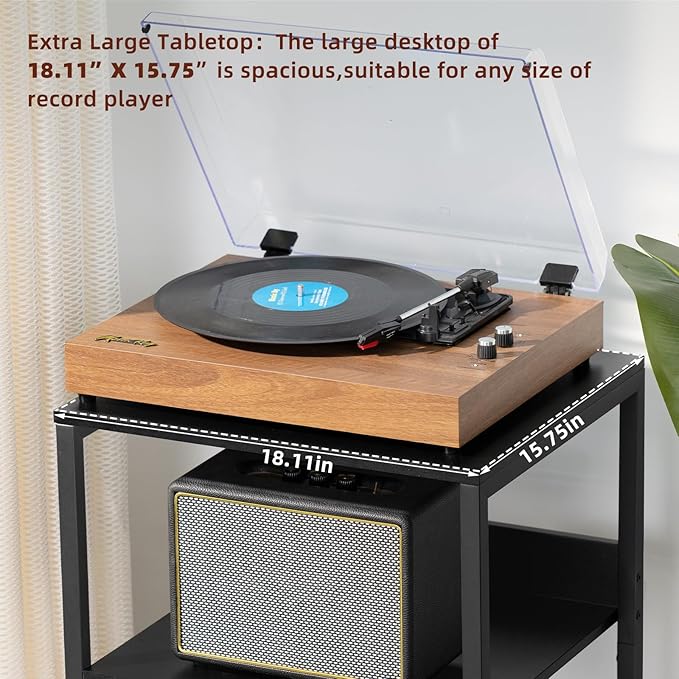 LELELINKY Large Black Record Player Stand, 3 Tier 18" Wide Big End Table with Vinyl Storage Up to 130 Albums, Industrial Turntable Printer Tables, Modern Side Tables for Living Room, Bedroom, Office