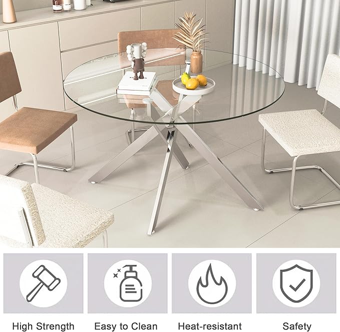 47.24" Round Glass Dining Table Modern Kitchen Glass Top Table for 6 with Silver Metal Legs, Clear Dining Table Kitchen Table for Home Office Dining Room