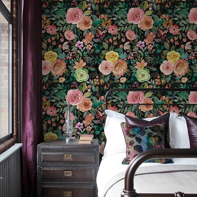 JiffDiff Dark Floral Peel and Stick Wallpaper 236.22" L x 17.7" W Black