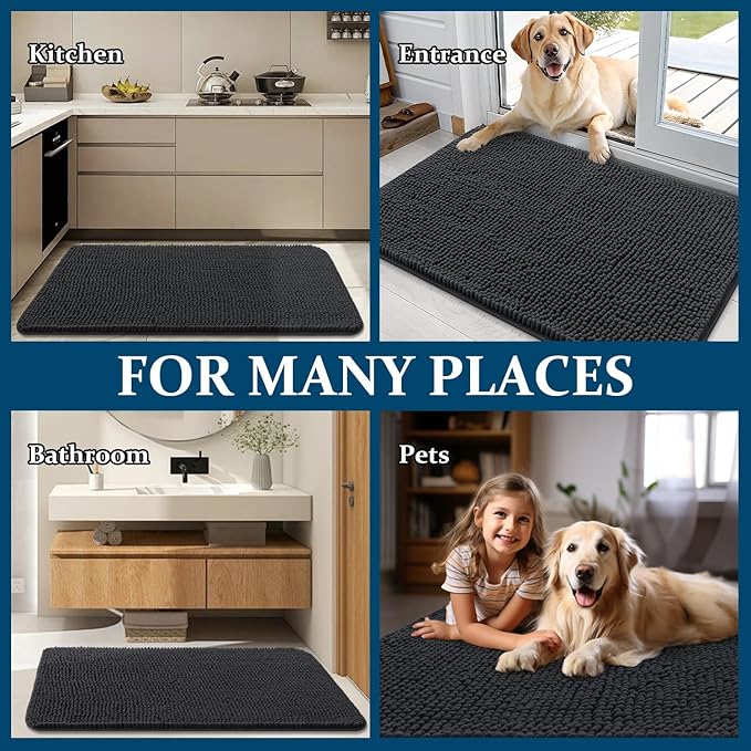 OLANLY Dog Door Mat for Muddy Paws 34x21, Absorbs Moisture and Dirt, Absorbent Non-Slip Washable Doormat, Quick Dry Chenille Mud Mat for Dogs, Entry Indoor Entryway Carpet for Inside Floor, Dark Grey