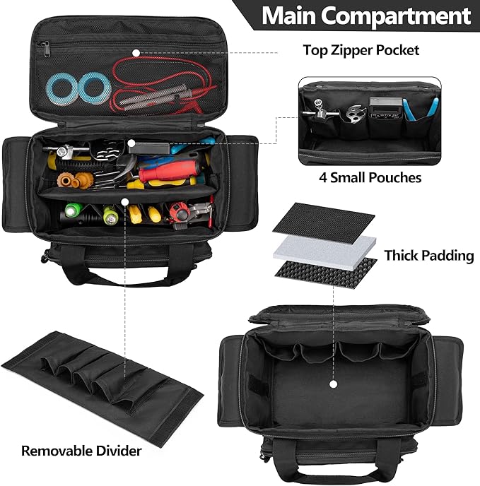 Rexmica Small Tool Bag with Anti-friction and Thick Padded Bottom, Tool Storage Organizer for Men, Tactical Bag, Range Bag, Multi-functional Work Tote for Repairman, Electrician, Carpenters, Handyman