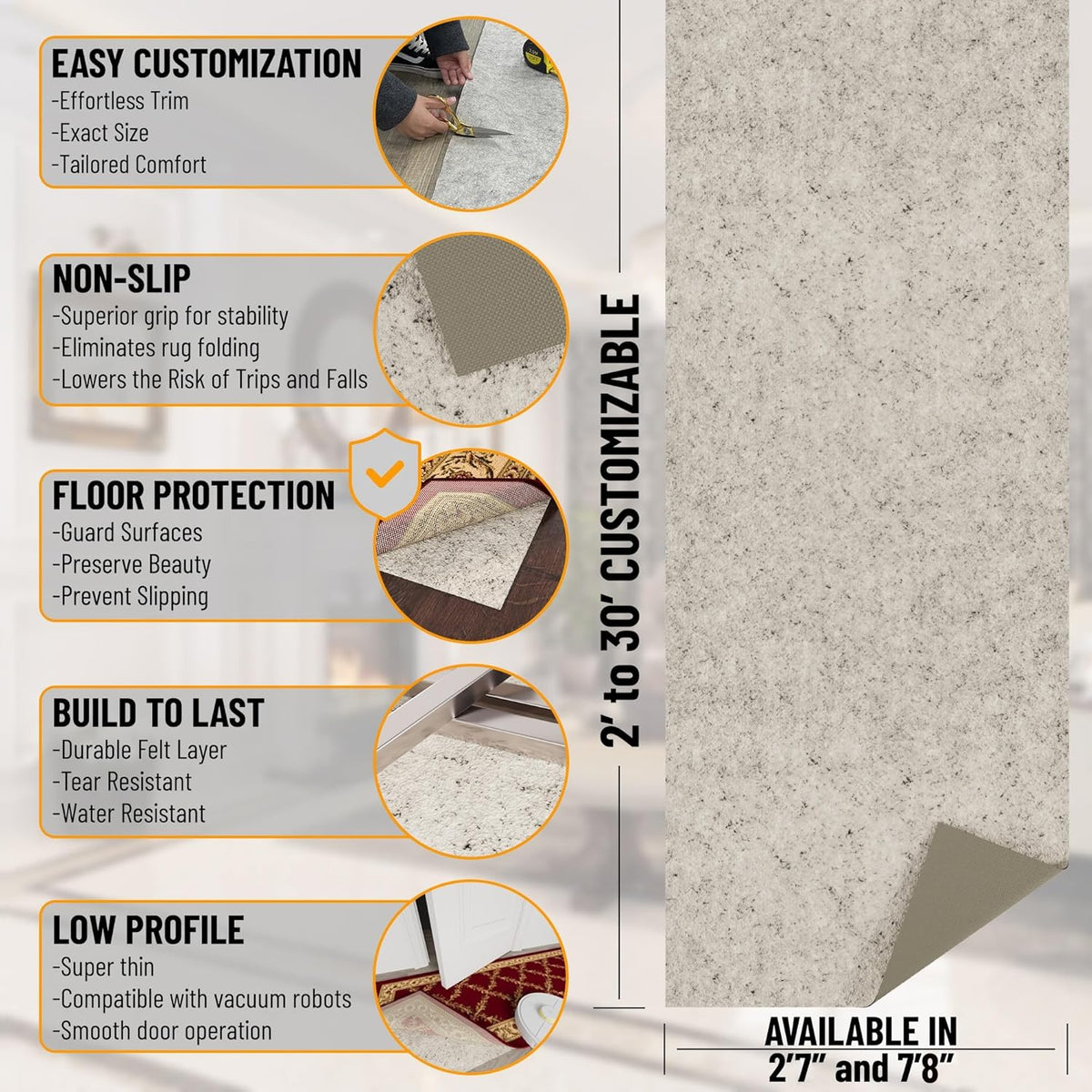 Ottomanson 2'7" x 8' Non-Slip Rug Pad Gripper 1/12 Inch Ultra Thin Dual Surface Felt + Rubber Gripper - Safe for All Floors, Cream