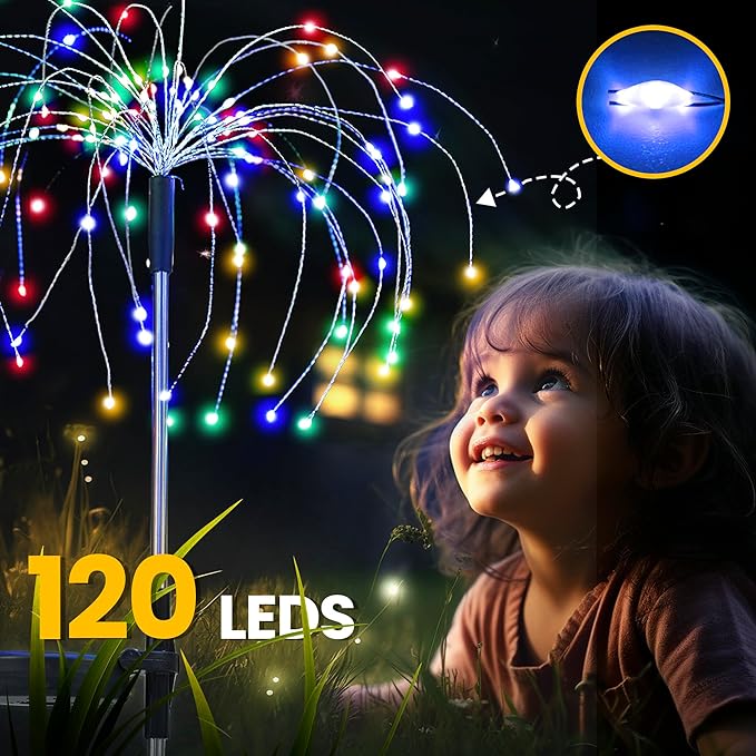 GIGALUMI Garden Decor Outdoor Lights 120LED 2Pack, Solar Garden Lights Outside Fairy Firework Decorative,Solar Powered for Yard Pathway Flowerbed Planter Balcony Patio 4th of July Decor (Multicolor