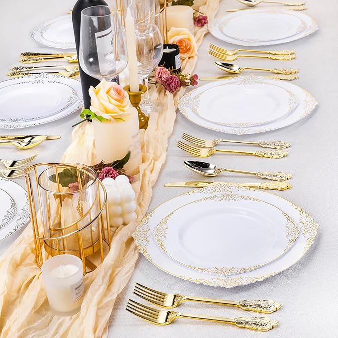 200 PCS White and Gold Plastic Plates for 100 Guests, Gold Disposable Plates Include 100 PCS Dinner Plates, 100 PCS Dessert Plates for Party, Wedding and Graduation