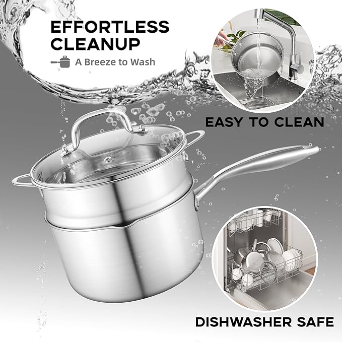Leetaltree 1.5 and 2.5 Quart Stainless Steel Saucepan with Steamer Basket, Tri-ply Construction, Multipurpose Sauce Pan with Double-sized Drainage Lid - Perfect for Cooking Gravies, Pasta, Vegetable