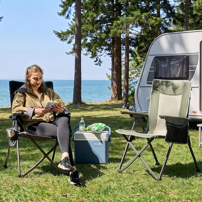 EVER ADVANCED Reclining Camping Chairs for Adult Lightweight, Folding Recliner Chair with Adjustable Back, 4-Level Lounge Chairs, Portable Lawn Chairs for Patio Balcony, Supports 350lbs Green