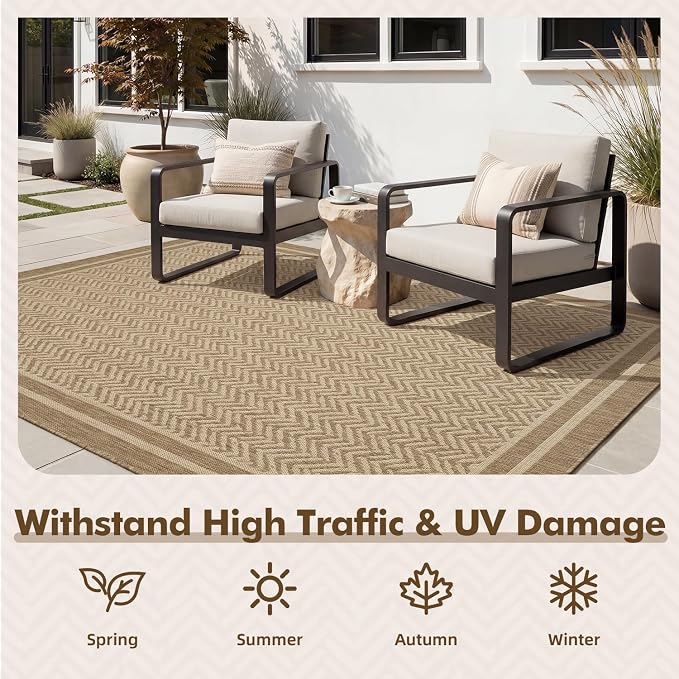 MontVoo-Outdoor Rug-Patio Rug 5x7 Polypropylene Indoor Outdoor Rugs Outdoor Carpet for Patio Deck Balcony Porch, Textured Weave, Durable for High Traffic, Fade-Resistant, Boho Farmhouse Neutral Brown