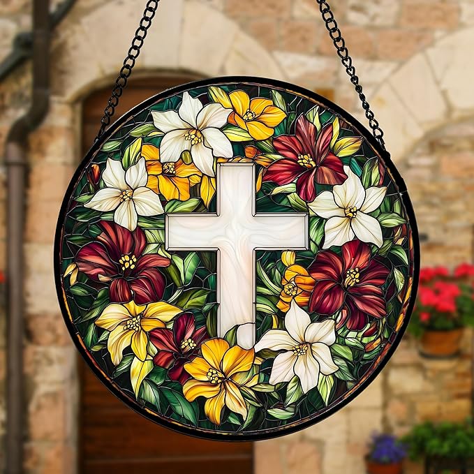 Stained Glass Window Hanging, Cross Flowers Sun Catchers Colorful Glass Panel Christianity Suncatcher Decor for Birthday for Women, Men, Wife, Aunt, and Mom 11.8x11.8 in