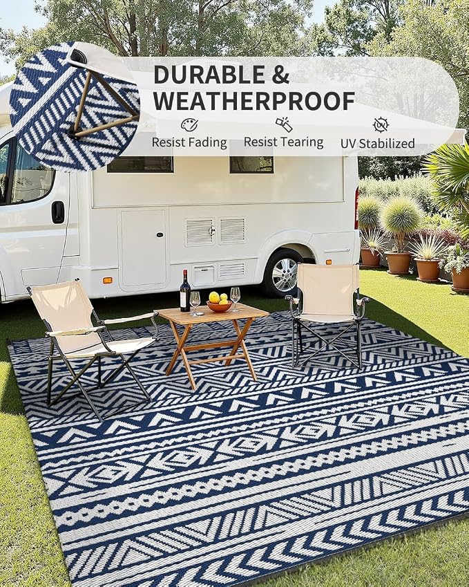 MontVoo Outdoor Rug Carpet Waterproof 6x9 Outdoor Patio Rug Mat Reverisble Plastic Straw Outdoor Rug for RV Camping Picnic Beach Balcony Boho Navy Blue