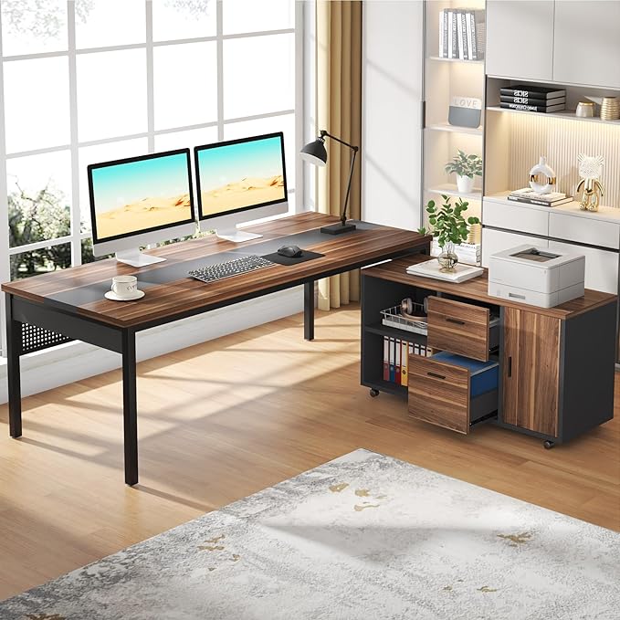 Tribesigns 71 inch Executive Desk, L-Shaped Desk with Mobile File Cabinet, Executive Office Table with 2 Drawers and Storage Shelves, Business Furniture Workstation for Home Office, Walnut and Black