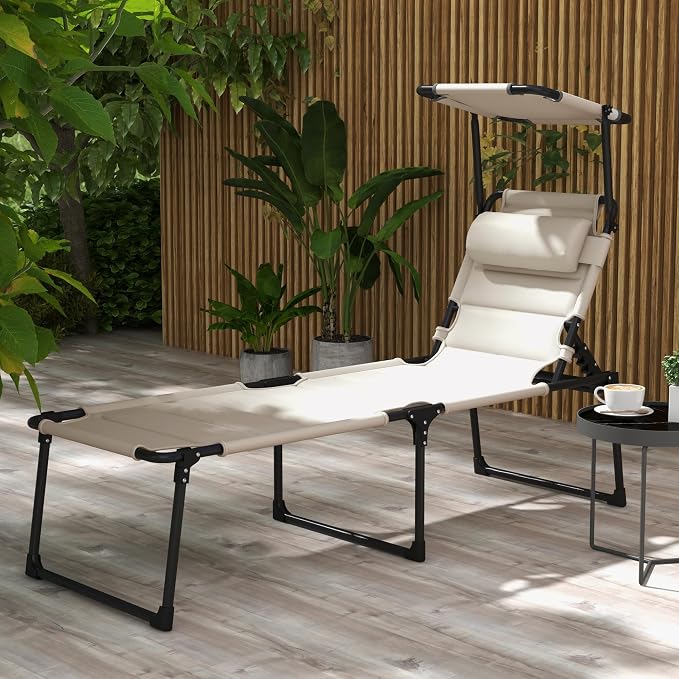 Outdoor Lounge Chair, Tanning Chair with Sunshade Roof, Adjustable Backrest Folding Chaise Lounge with Pillow Headrest for Outside, Beach, Camping, Hiking (Sunshade Roof, Cream White)