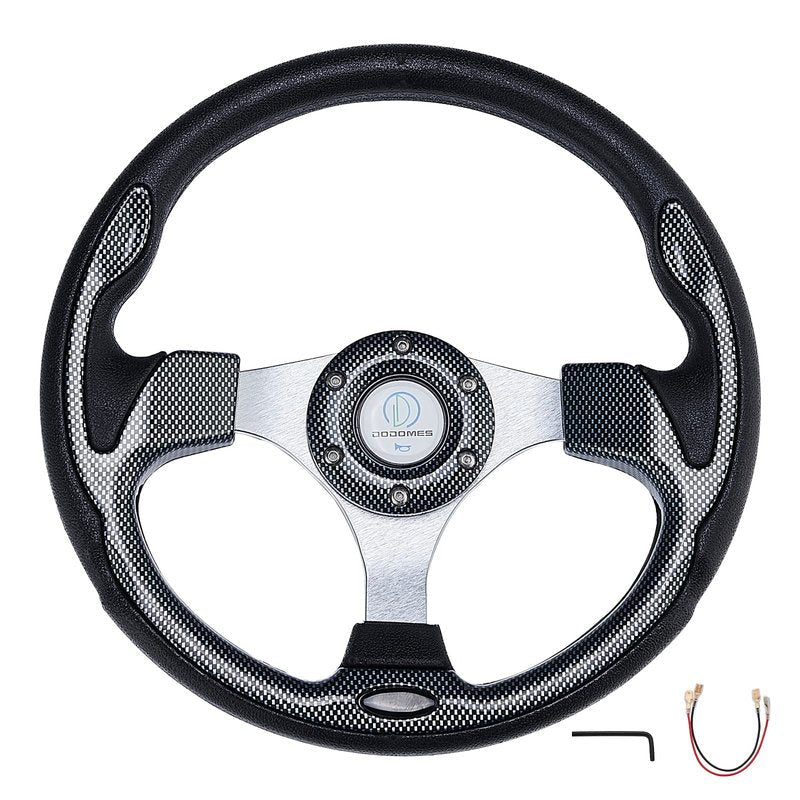 Universal Racing Steering Wheel for Golf Cart, EZGO Yamaha Club Car DS & Precedent, Aluminum with Horn Button for Car, 12.5”/320mm 6 Bolts Grip Vinyl Leather, black & carbon fiber