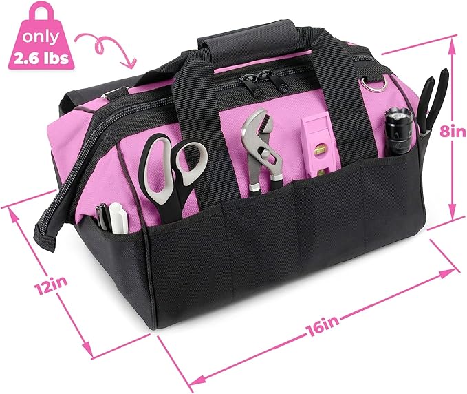 Pink Power Pink Tool Bag for Women -16" Tool Tote Bag w/ 22 Storage Pockets - Womens Small ToolBag Ladies ToolBox for Hand Tools, Power Kits & More - Womens Zipper Toolbag Caddy Organizer