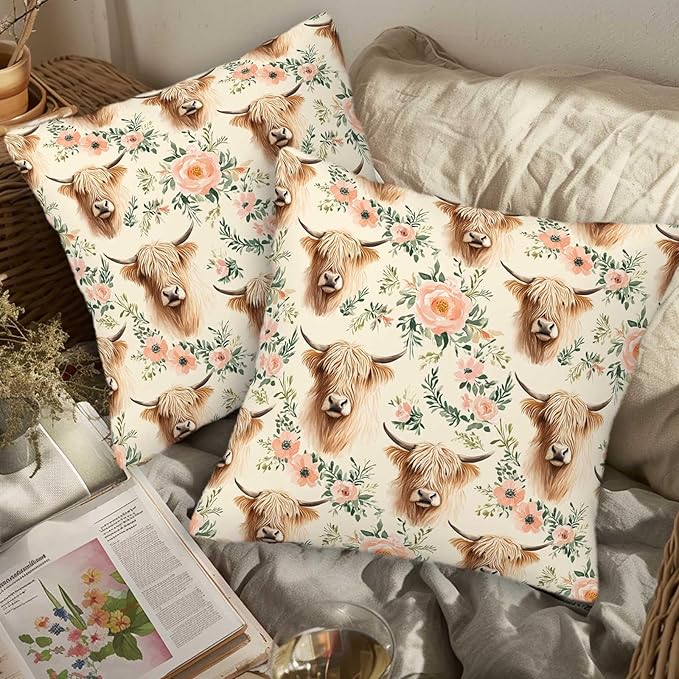 Highland Cow Throw Pillow Covers Set of 2 | 18x18 Inches Cushion Cases for Couch, Sofa, Bedroom and Living Room | Rustic Pillowcases for Home Decoration
