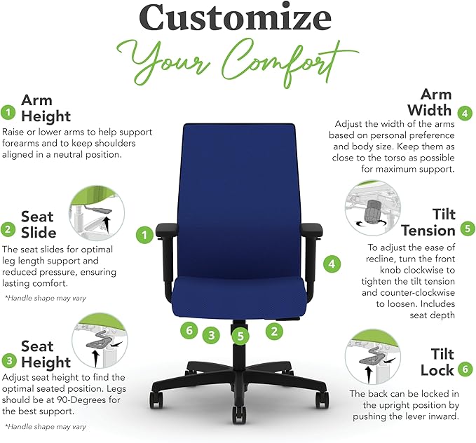 HON Ignition 2.0 Mid Back Task Chair, Spectrum Mesh, Standard Synchro-Tilt Control, Office Chair with Lumbar Support, Height and Width Adjustable Arms, Black Frame, Cobalt