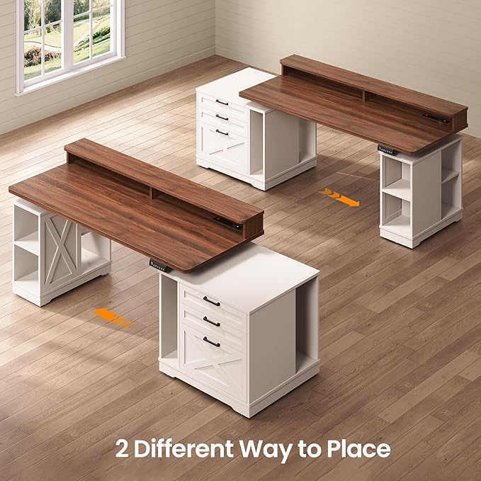 SEDETA Farmhouse Electric Standing Desk, 55" Height Adjustable Computer Desk with 3 Drawers, File Cabinet, Storage Shelves, Power Outlets, Wood Home Office Desk for Work, Study, Writing, White