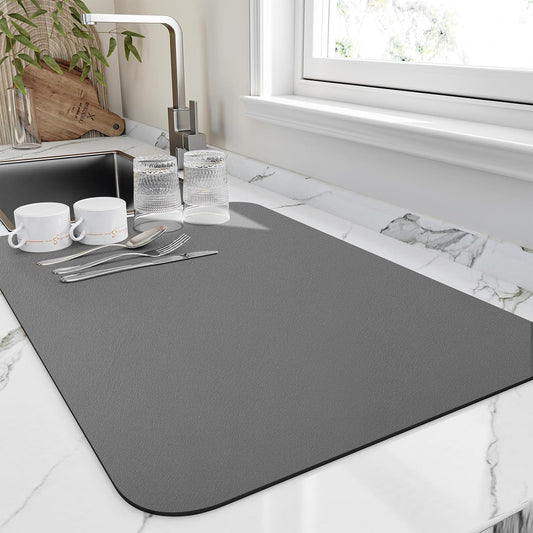 Dish Drying Mat for Kitchen Counter, Heat Resistant Drainer Mats with Non-slip Rubber Backed, Hide Stain Kitchen Super Absorbent Draining Mat, Easy to Clean Dish Rack Pad, Dark Grey 16"x20"