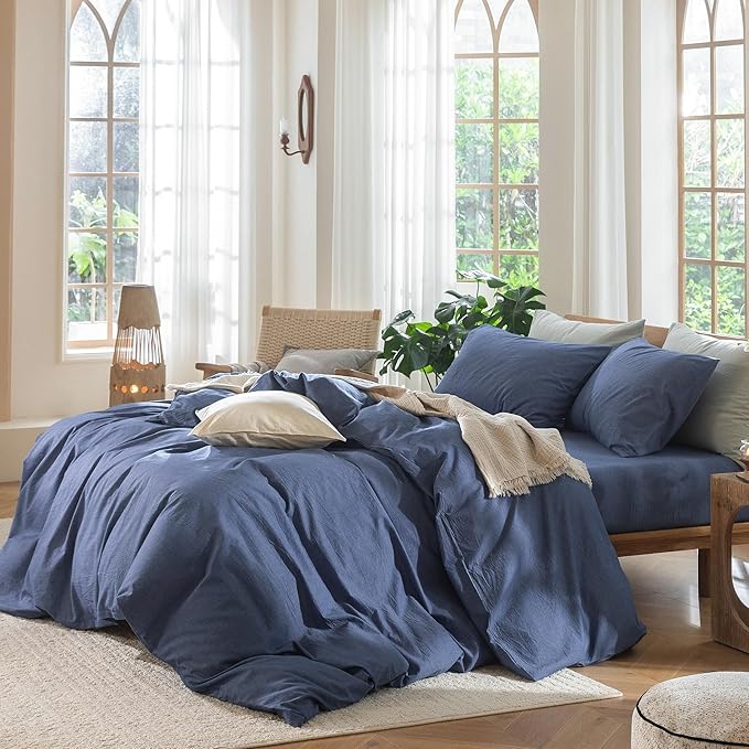 MooMee Bedding Duvet Cover Set 100% Washed Cotton Linen Like Textured Breathable Durable Soft Comfy (Heathered Blue, Super King Plus 120"x120")