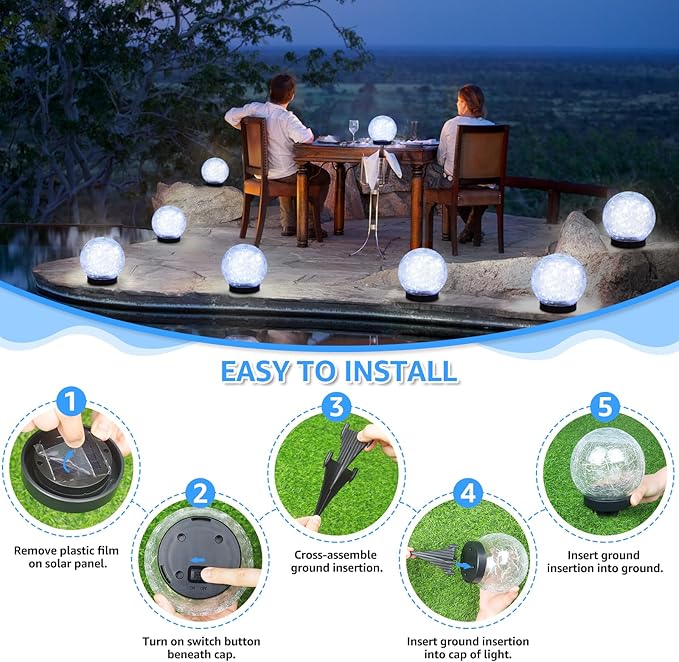 ASOMST 2-Pack Garden Solar Lights Outdoor, Cracked Glass Ball Light Waterproof, Decorative Solar Powered Globe Lighting Cool White for Yard Pathway