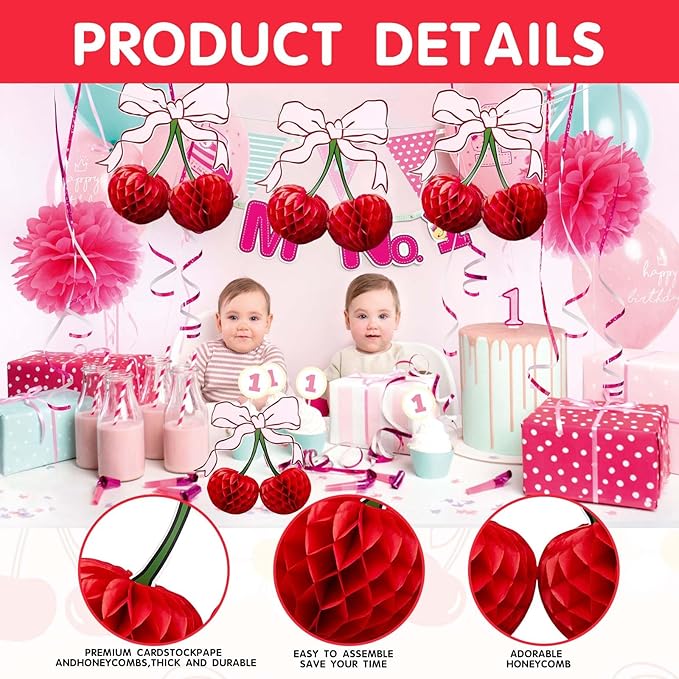 3D Cherry Bow Honeycomb Decorations, 4-Pcs 12 Inch Large Cherry Table Decorations and Cherry On Top Centerpieces, Cherry Decoration for Birthdays Party, Baby Shower & Home Cherry Decorations