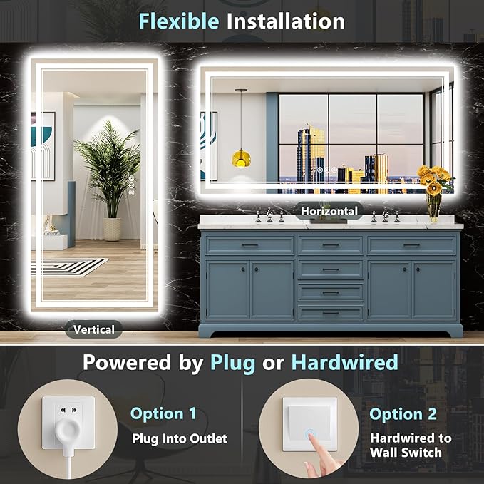 84x32 LED Bathroom Mirror with Lights, Backlit and Front Lit Anti-Fog Lighted