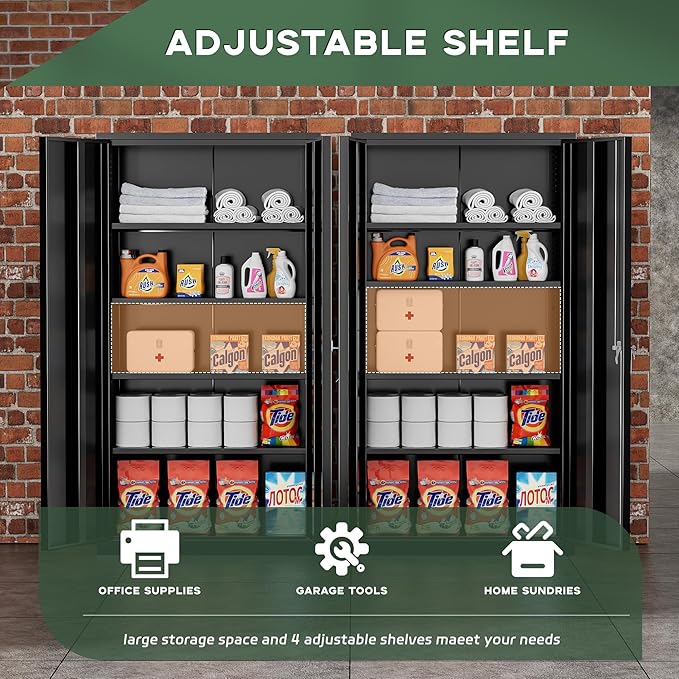 Greenvelly Metal Garage Storage Cabinet with Doors and Adjustable Shelves,72" Black Steel Lockable File Cabinet for Home Office,Garage,School(36" W x 18" D)