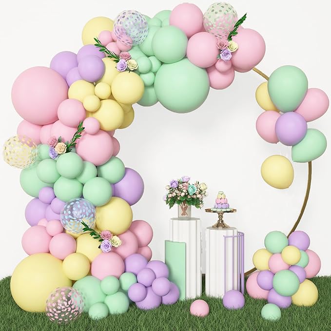Amandir 153pcs Pastel Balloons Garland Arch Kit, Different Sizes 18 12 10 5inch Pastel Pink Yellow Green Purple Confetti Balloons for Spring Baby Shower Wedding Wildflower Birthday Party Decorations