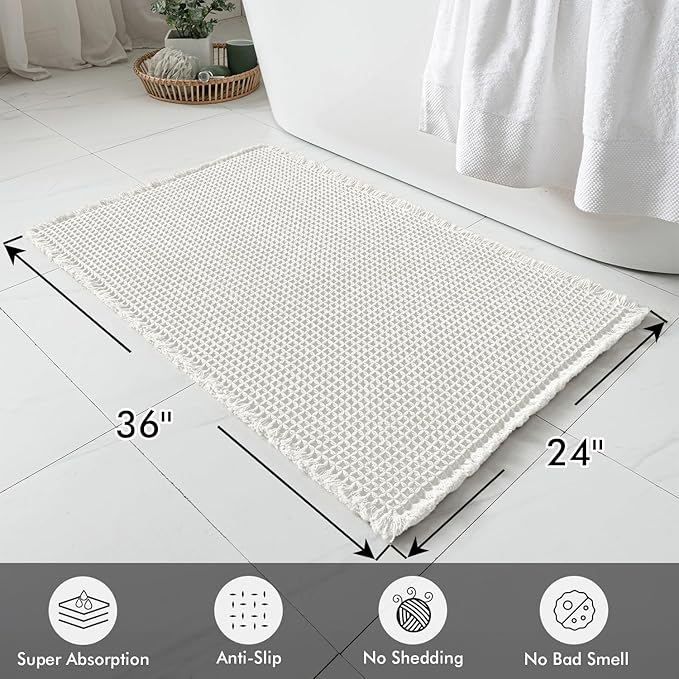MIULEE Set of 2 Waffle Bathroom Rugs, Boho Bath Rugs Non Slip Washable, Super Absorbent Bath Mats, Ultra Soft Rubber Backed Shower Mats for Bathroom Floor, Tub and Shower, White, 24x36 Inch