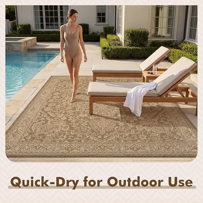 MontVoo-Outdoor Rug-Patio Rug 9x12 ft Polypropylene Indoor Outdoor Rugs Carpet for Patio Deck Balcony Porch, Textured Weave, Durable for High Traffic, Fade-Resistant, Vintage Medallion Neutral Brown