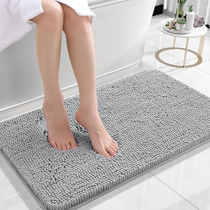 OLANLY Bathroom Rugs 30x18, Extra Soft Absorbent Chenille Bath Rugs, Rubber Backing Quick Dry, Machine Washable Bath Mats for Bathroom Floor, Tub and Shower, Home Decor Accessories, Light Grey