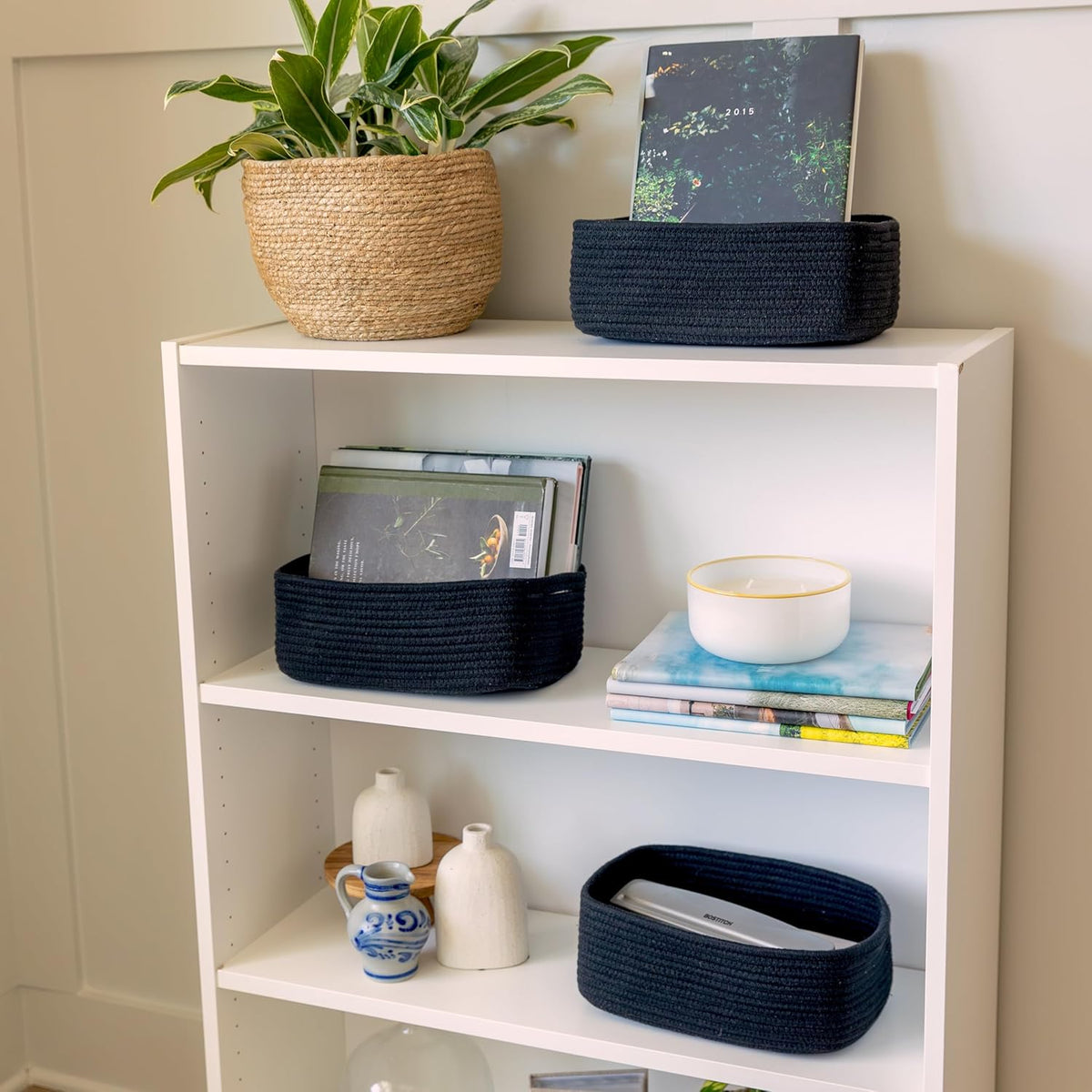 NaturalCozy 11.8"x8"x4.5” Rectangle Storage Baskets for Shelves 3 Pack | Cotton Rope Woven Small Baskets for Organizing | Small Storage Bins for Nursery, Bathroom, Closet, Shelf, Decorative, Gift