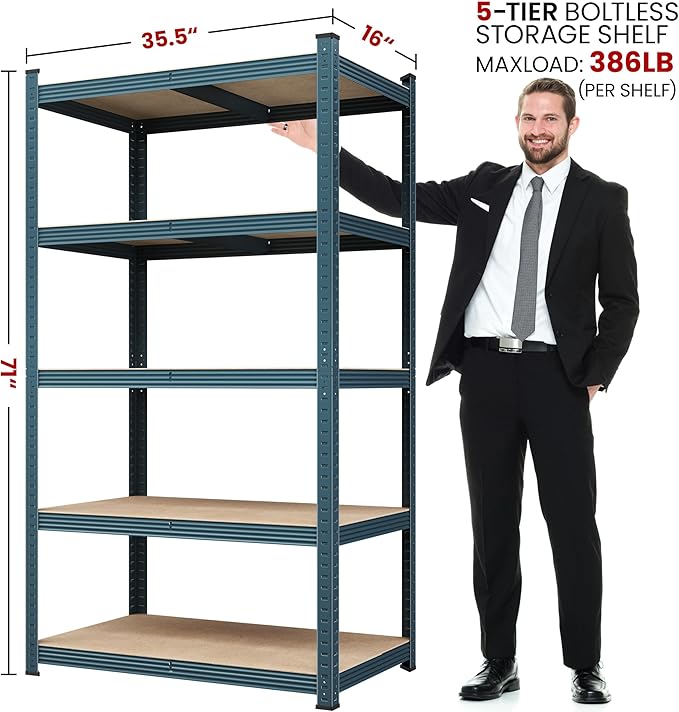 Yaheetech Storage Shelves 5 Tier Garage Shelving Adjustable Utility Rack Industrial Shelves for Warehouse Pantry, 35.5" L × 16″W × 71″H - Neptune Blue
