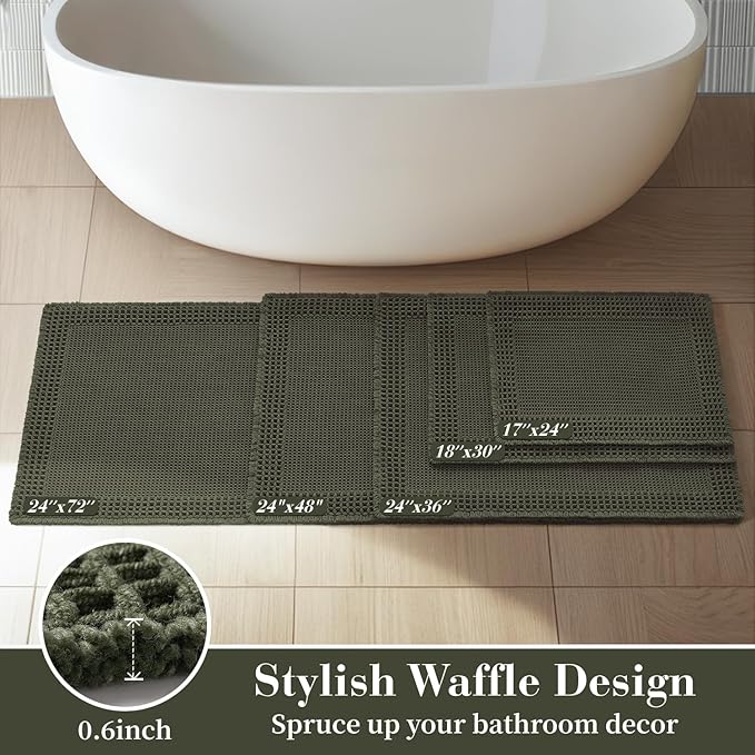 RESARE Waffle Bath Mat for Bathroom, Super Absorbent Bathroom Rugs Non Slip Machine Washable, Ultra Soft Quick Dry Boho Bath Rugs with Tassels for Floor, Upgraded Bordered Design, 17"x24" Green