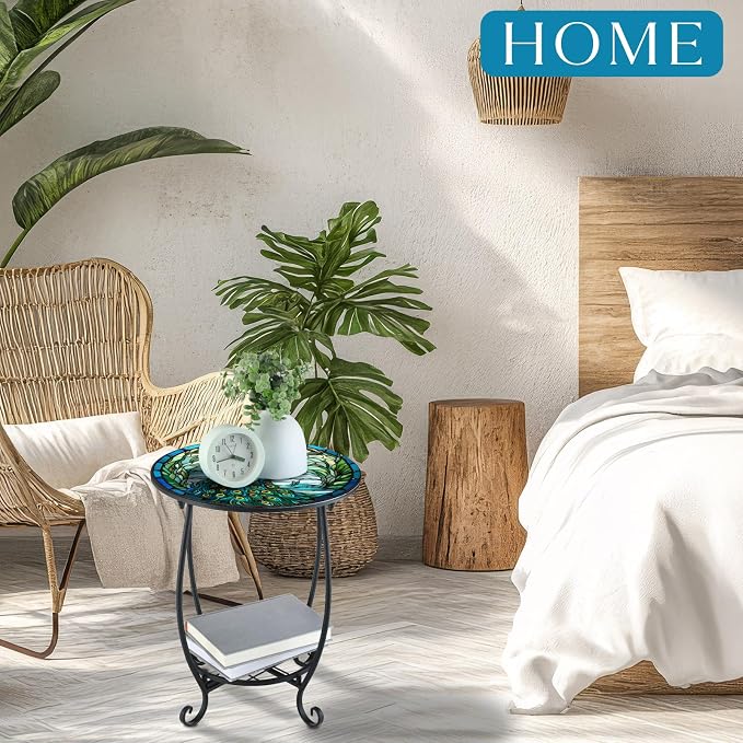 Cinnvoice Outdoor Side Table Round Small Mosaic Patio Accent Indoor End Plant Coffee Tea Table for Yard Patio Porch Garden Living Room, Bedroom(Peacock Style,14 Inch)