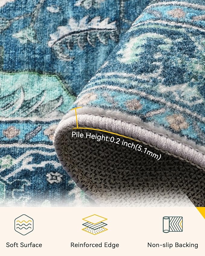 Area Rugs 2'x10' Runner Rug Non Slip Washable for Kitchen Hallway Bedroom Beside Laundry Room Bathroom Rug, Floor Carpet, Teal Green Lake Blue Turquoise