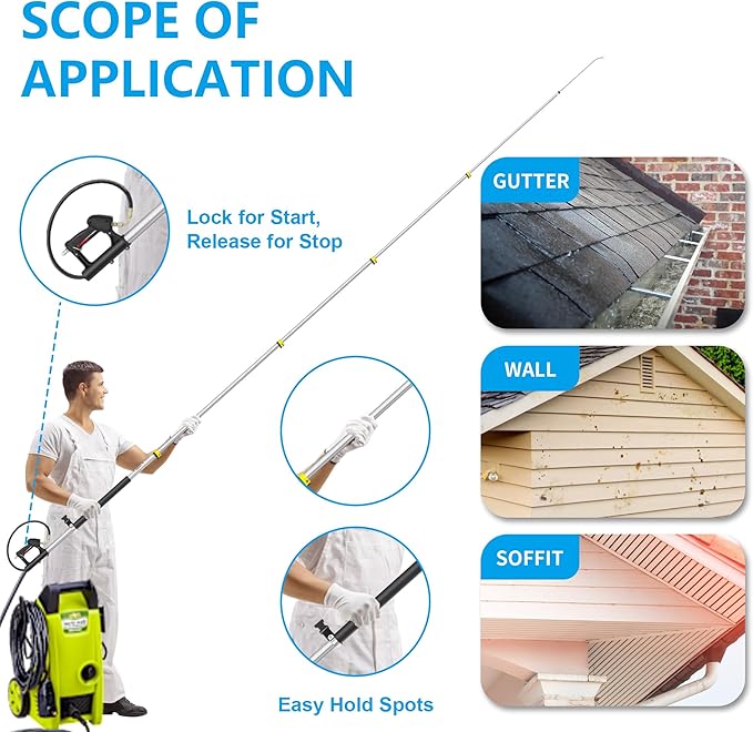 24 FT Telescoping Pressure Washer Wand Extension, Hot Water Supported Power Washer Extension Wand with Brush Head, 5 Nozzle Tips, 2 Adapters, Harness, Gutter Cleaning Tools from The Ground