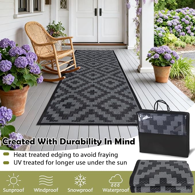 SAND MINE Waterproof Outdoor Rug, Plastic Reversible Rug, Modern Area Rug, Large Floor Mat for Outdoors, RV, Patio, Backyard, Deck, Picnic, Beach, Camping (2.5' x 8', Black Grey Lattice)