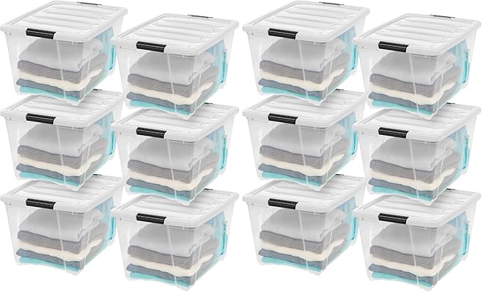 IRIS USA 12-Pack 54 Quart Stackable Storage Bins with Lids [Made in USA] - Everyday Organizer Latching Clear Plastic Organization Containers Closet Bedroom Shelving Units Home Storage - Clear/White