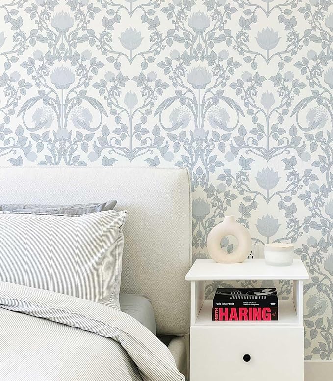 YXTII 17.3"×78.7" Blue Floral Peel and Stick Wallpaper, Damask Vintage Wallpaper