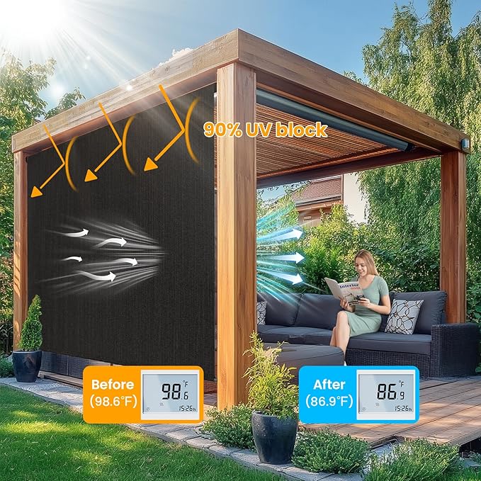 7'W x 6'H Black Patio Shades Roll up Outdoor Roller Shade Crank Wand Blind
