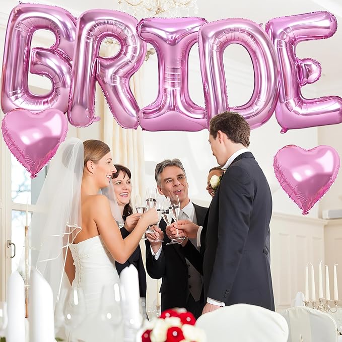 40inch Pink BRIDE Letter Balloons, Giant Pink Bride Foil Helium Balloon Banner with Heart Balloon for Bride to Be Wedding Engagement Bridal Shower Bachelorette Party Decoration