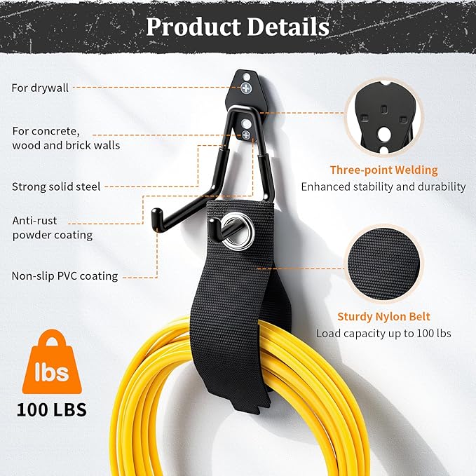 Housolution Steel Garage Hooks - 18Pack Anti-Slip Coating, Heavy Duty Wall Mount Hooks for Bikes, Garden Tools, Ladders, Hose, Bulk Items Ropes, Garage Tool Organizer with Extension Cord Wrap, Black