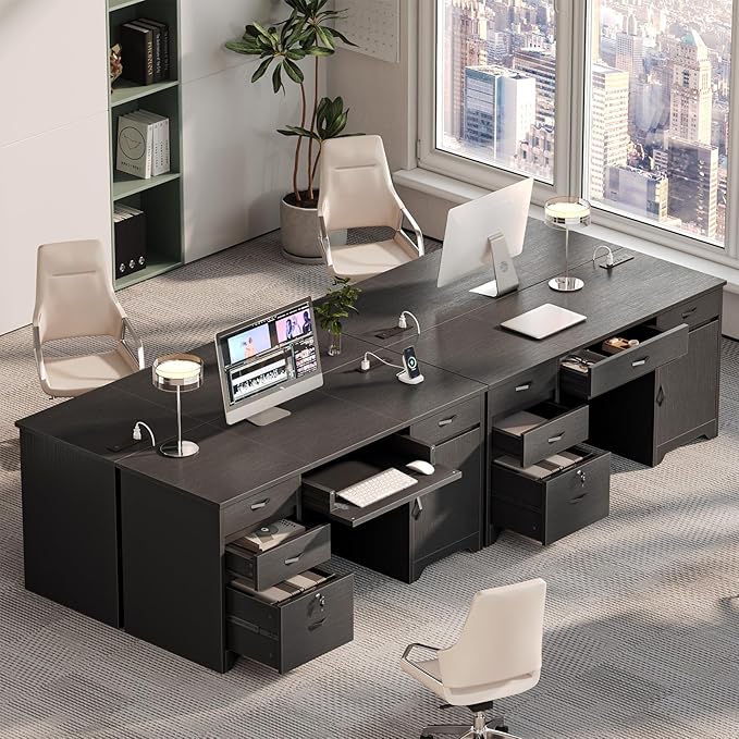 Bestier 59” Office Desk with Lockable Drawers, Modern Computer Desk with File Drawer, Charging Station & Drop-Front Keyboard Drawer, Executive Desk with Storage Cabinet for Home Office & Studio, Black