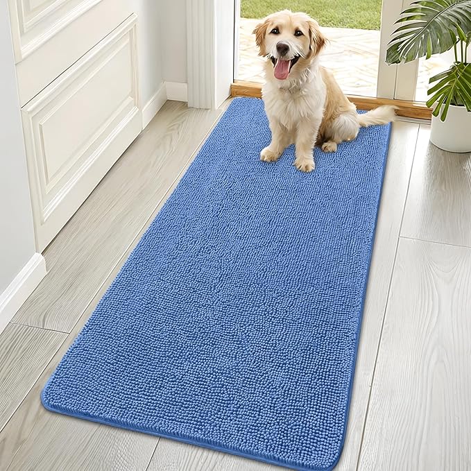 OLANLY Dog Door Mat for Muddy Paws 70x35, Absorbs Moisture and Dirt, Absorbent Non-Slip Washable Doormat, Quick Dry Chenille Mud Mat, Entry Indoor Entryway Carpet for Inside Floor, Cornflower Blue